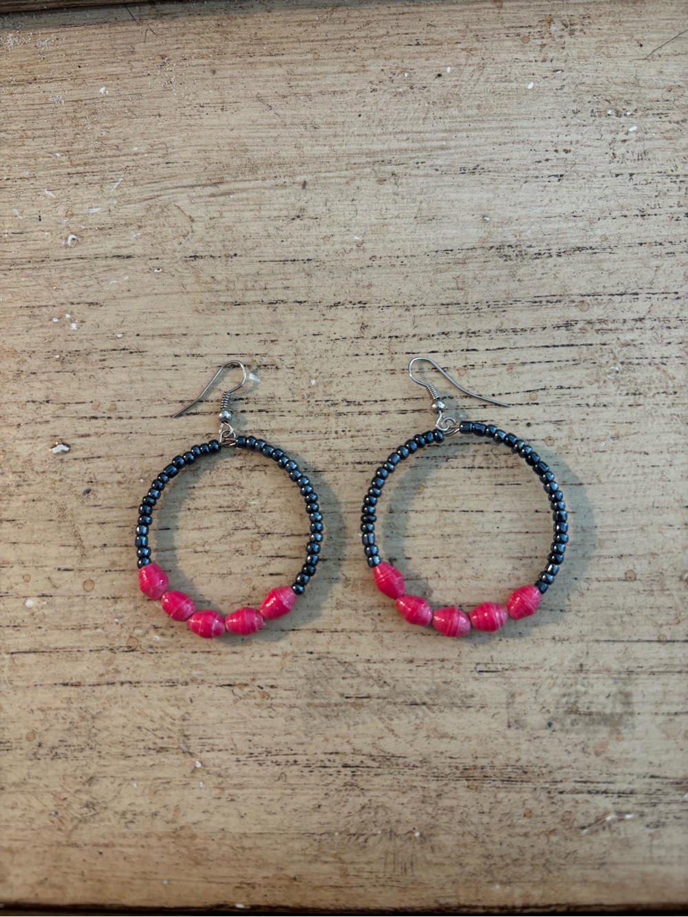 Black and Pink Beaded Hoop Earrings - Contemporary Women's Jewelry
